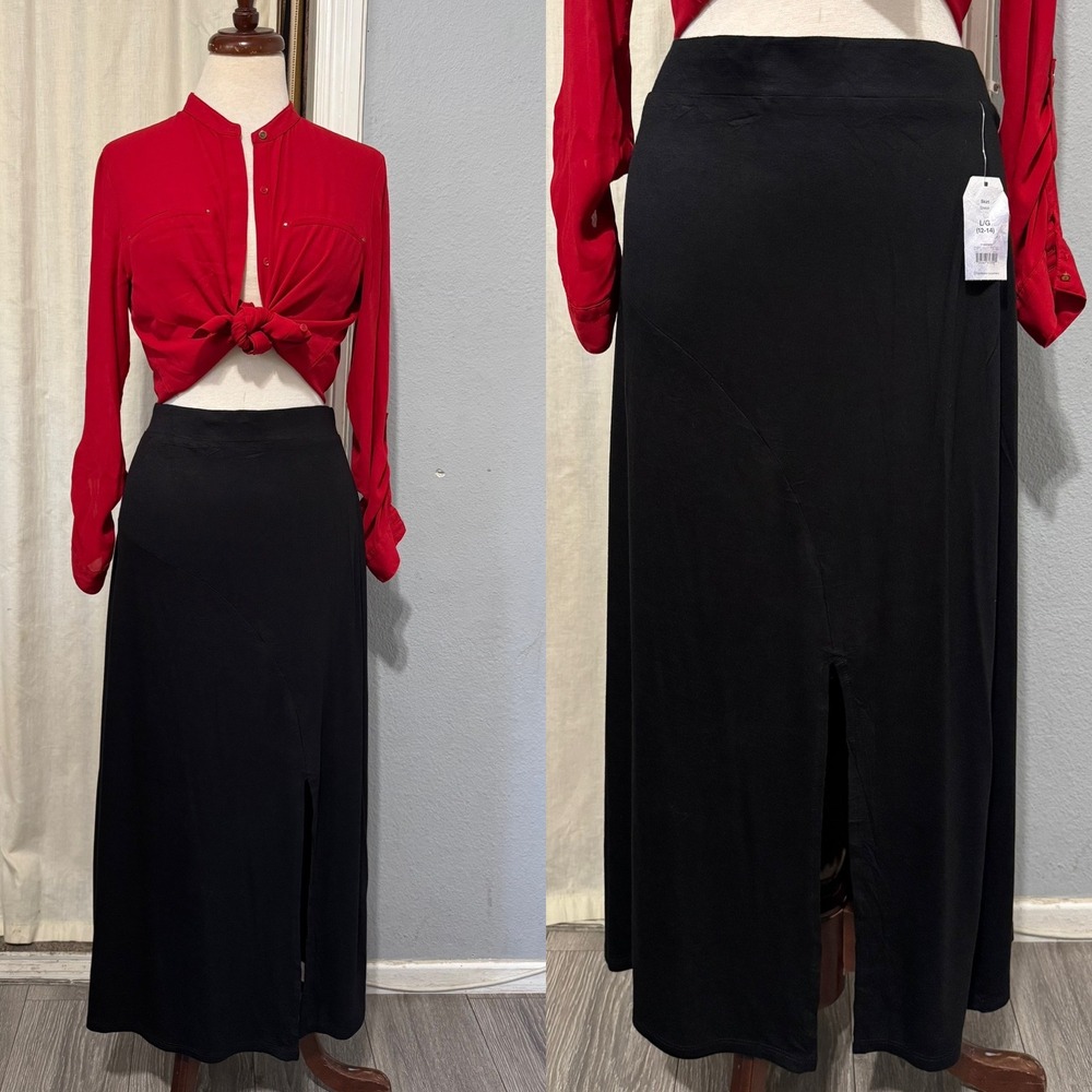 Bohemian Black Maxi Skirt L 12-14 High Rise Front‎ Slit Minimalist Whimsigoth
